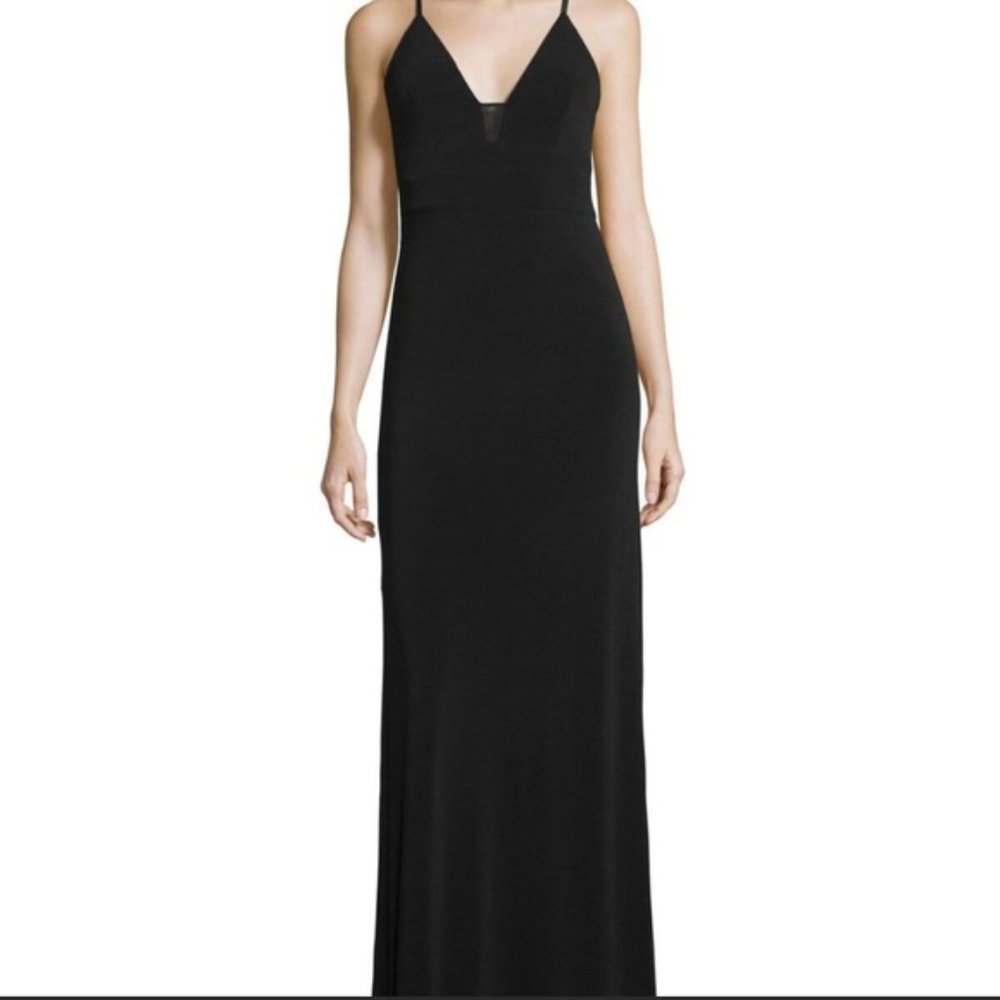 New Alice + Olivia Devlin plunge neck mesh insert v-neck maxi column gown dress - Picture 3 of 16